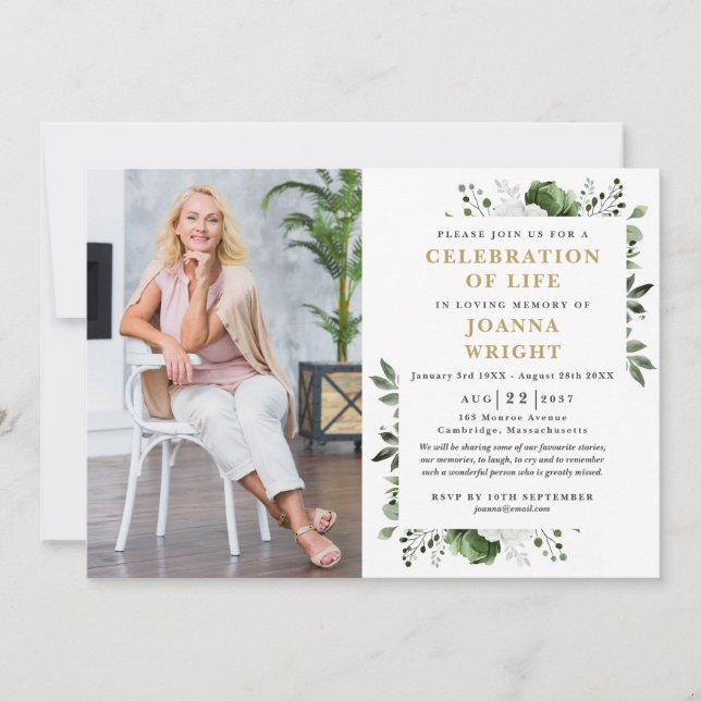 Grönt Blommigt Firande i livets begravningsfoto Inbjudningar (Framsida)