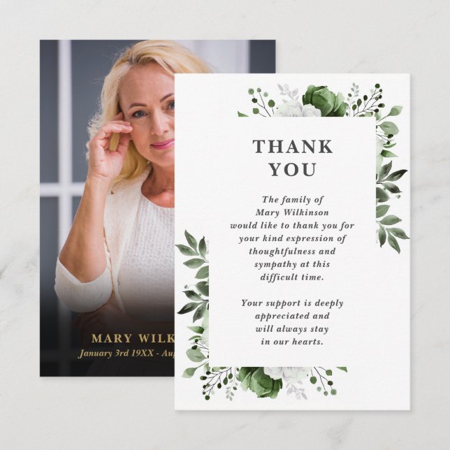 Grönt Blommigt Firande i livets begravningsfoto Tack Kort (Fram/baksida)