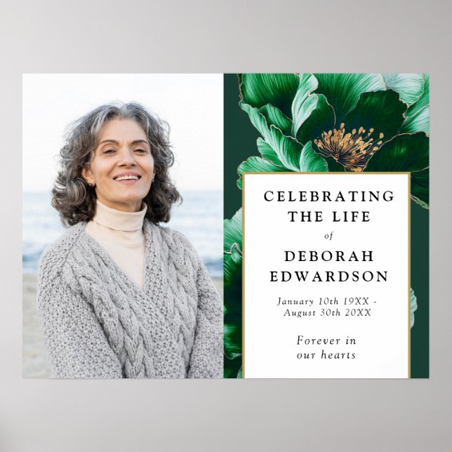 Grönt Blommigt Funeral Firande of Life Sign Poster (Framsidan)