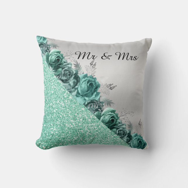 Grönt Blommigt GLITTER CUSHION RING PILLOW Kudde (Framsida)