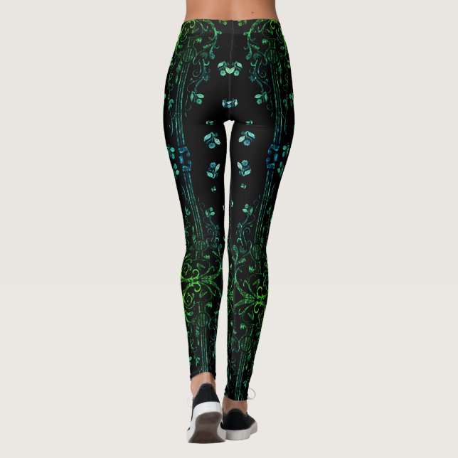Grönt Blommigt Guitar Black Leggings (Baksida)