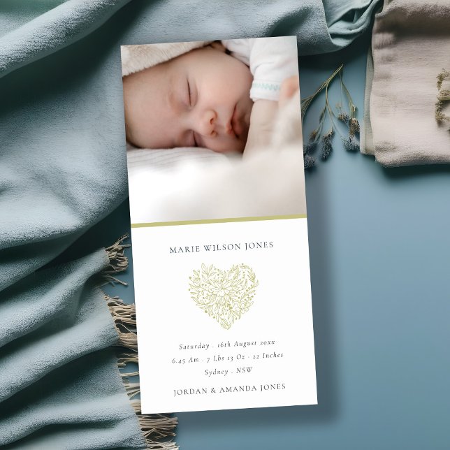 Grönt Blommigt Heart Photo Baby Birth Notice Tack Kort (Skapare uppladdad)