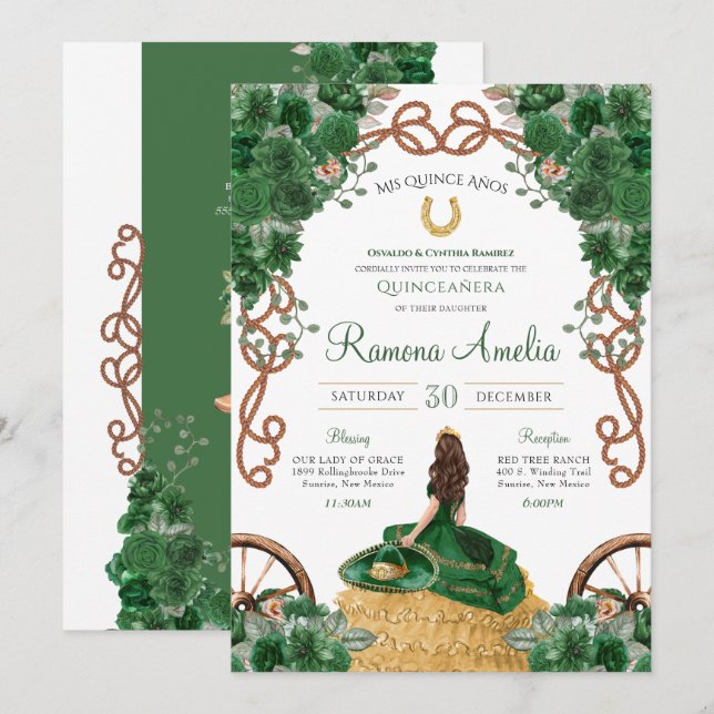 Grönt Blommigt Land Western Charro Quinceañera Inbjudningar (Fram/baksida)