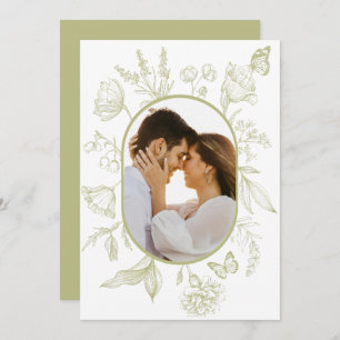 Grönt Blommigt Line Art Blommigt Butterfly Photo Tack Kort