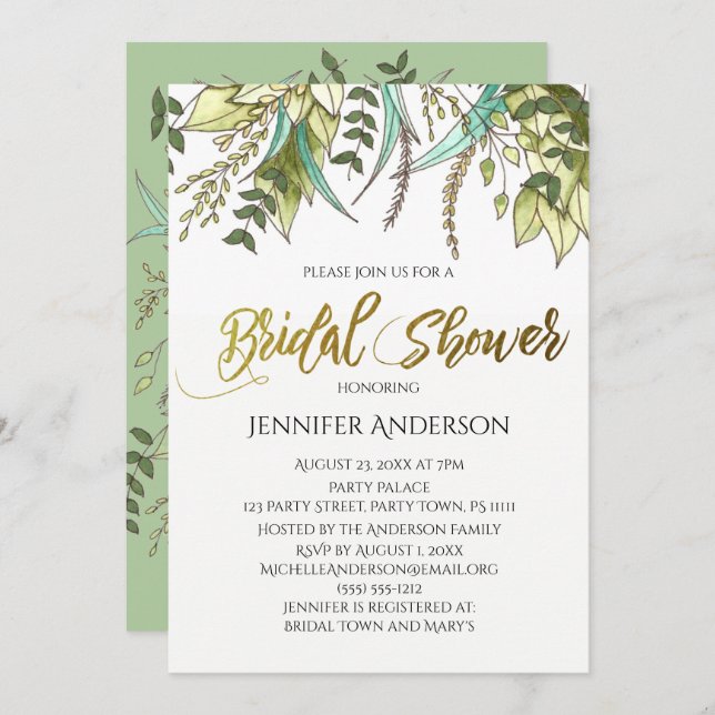 Grönt Blommigt Löv Möhippa Inbjudningar (Fram/baksida)