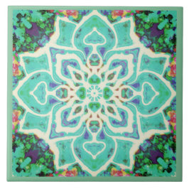 Grönt blommigt mandala Mediterranean retro Kakelplatta