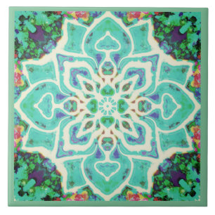 Grönt blommigt mandala Mediterranean retro Kakelplatta