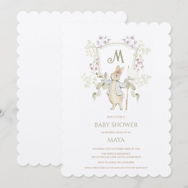 Grönt Blommigt Peter the Rabbit Monogram Baby Show Inbjudningar (Fram/baksida)