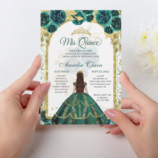 Grönt Blommigt Princess Guld Arch Quinceanera Inbjudningar (Skapare uppladdad)