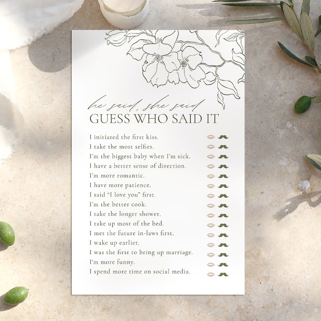 Grönt blommigt sa att hon sa möhippa-spel (Green floral He said She said bridal shower game)