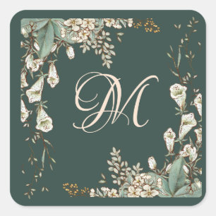 Grönt Blommigt Script Monogram Elegant bröllop Fyrkantigt Klistermärke