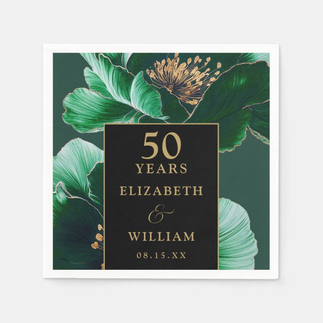 Grönt Blommigt Svart Och Guld Chic 50-årsjubileum Pappersservett (Framsidan)