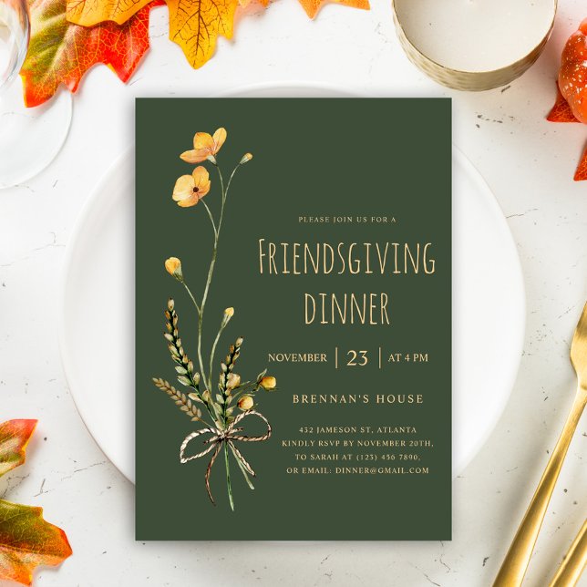 Grönt Blommigt Thanksgiving Friendsgiving middag Inbjudningar (Green Elegant Wildflower Friendsgiving Dinner Invitation)