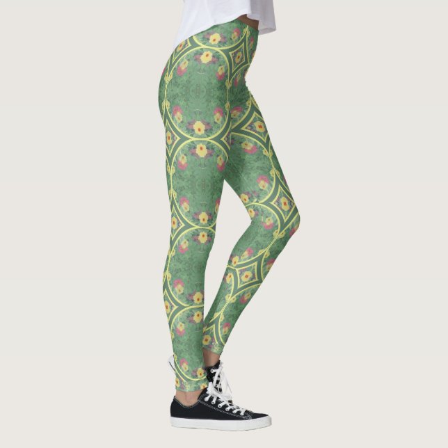Grönt Blommigt Tile Leggings (Höger)