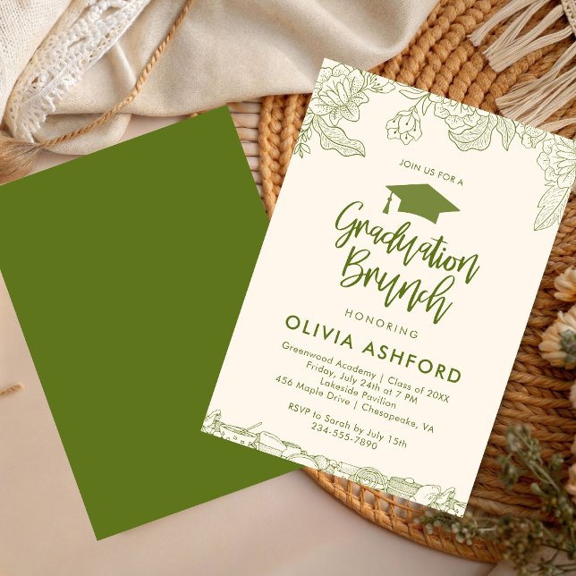 Grönt Blommigt Trendigt Brunch-examen Inbjudningar (Skapare uppladdad)