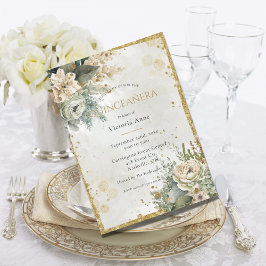 Grönt Blommigt Watercolor Guld Rustic Quinceañera Inbjudningar