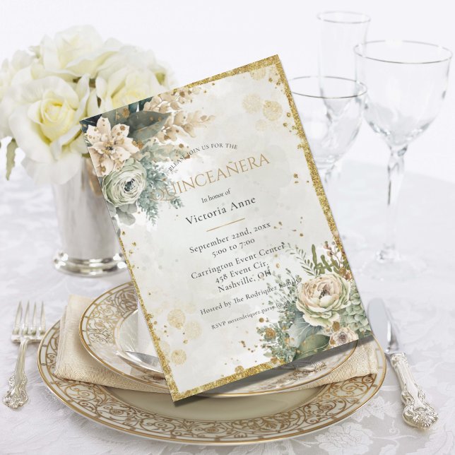 Grönt Blommigt Watercolor Guld Rustic Quinceañera Inbjudningar (Skapare uppladdad)