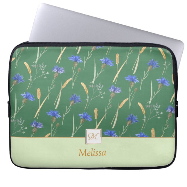 Grönt Blommigt Wildblommonogram Laptop Fodral (Framsidan)