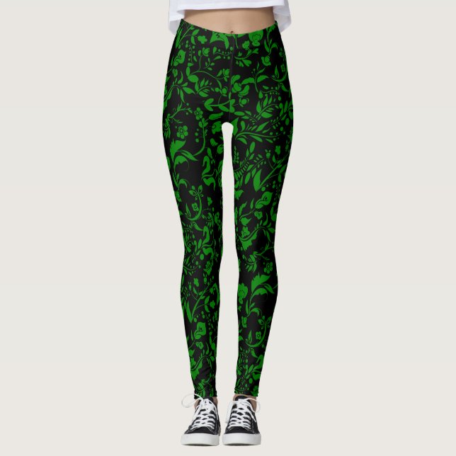 Grönt Blommönster G01. Svart BG Leggings (Framsida)