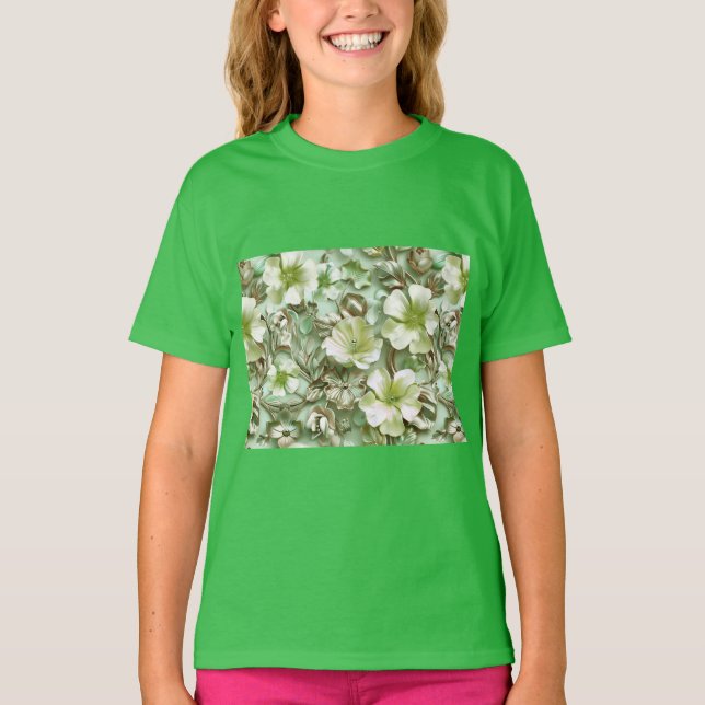 Grönt, Blommönster T Shirt (Framsida)