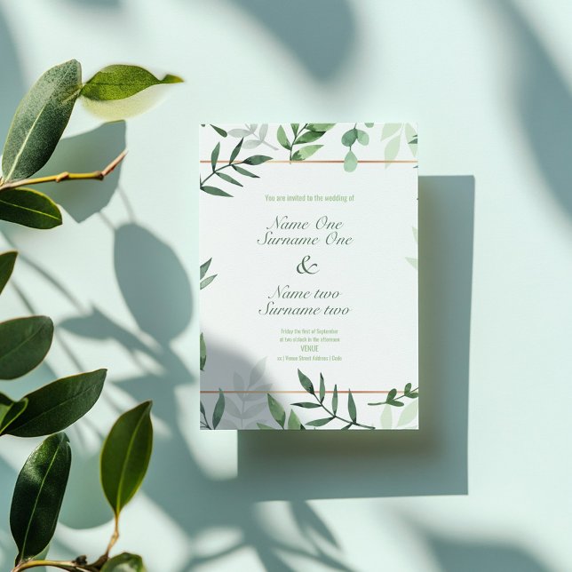 Grönt blommor, löv, guld gräns, trädgårdsbröllop inbjudningar (Green flowers, leaves, gold border, garden wedding invitation)
