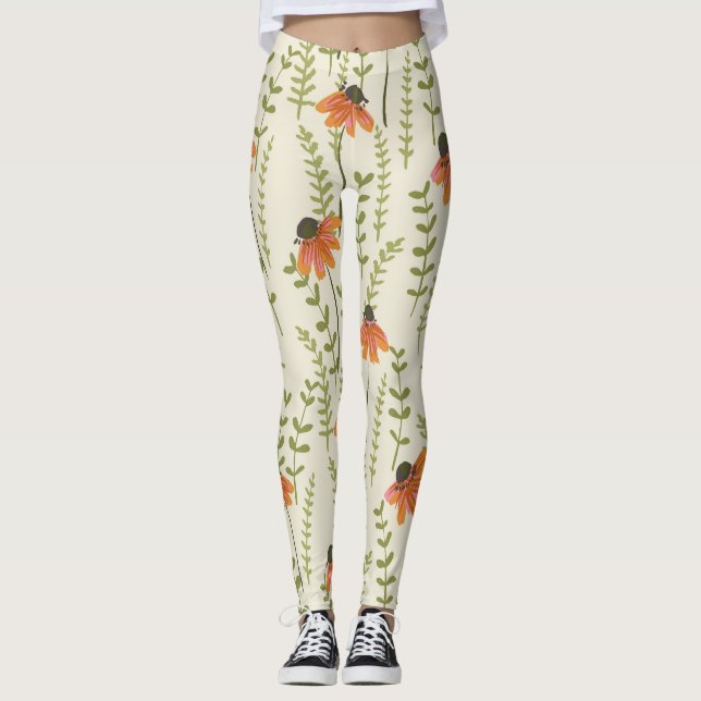 Grönt, blommor, orange, natur. leggings (Framsida)