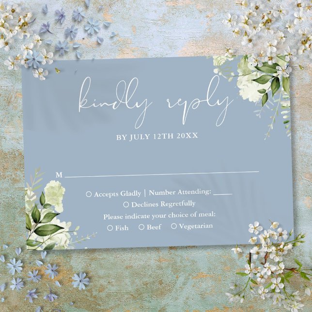 Grönt blomster elegant dammig blå bröllop OSA kort (Greenery Floral Elegant Dusty Blue Wedding RSVP Card)