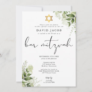 Grönt blomster elegant monogram Bar Mitzvah Inbjudningar