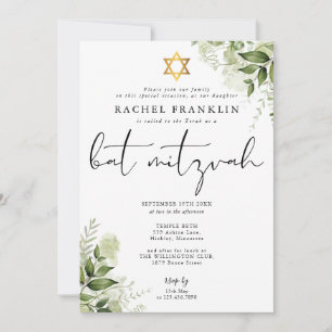 Grönt blomster elegant monogram Bat Mitzvah Inbjudningar