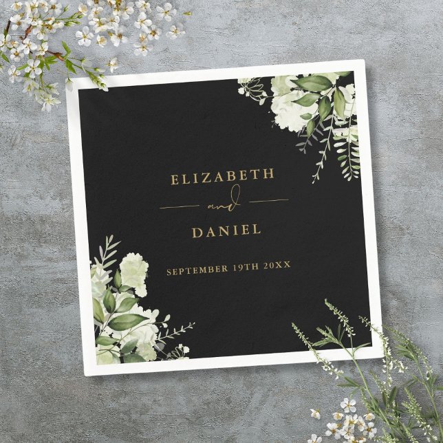 Grönt blomster elegant svart och guld bröllop pappersservett (Greenery Floral Elegant Black And Gold Wedding Napkins)