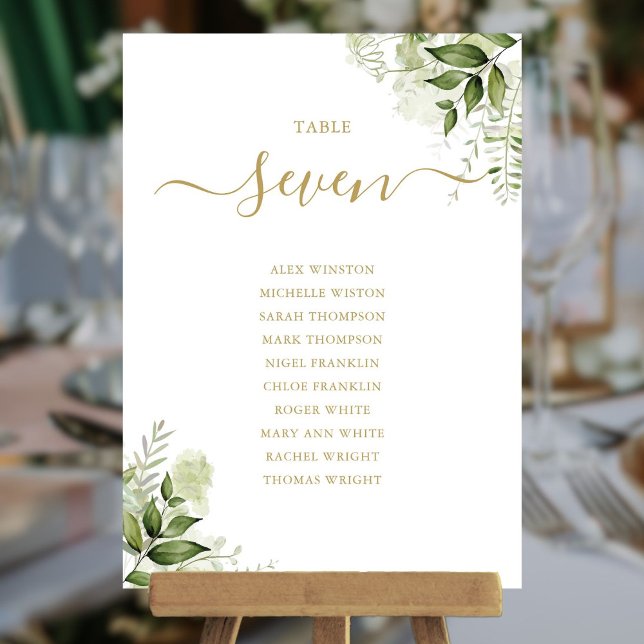 Grönt blomster guld sittplanerings bord nummer (Greenery Floral Gold Seating Plan Table Number)