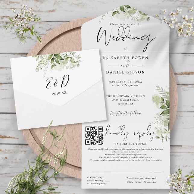 Grönt blomster monogram QR-kod bröllop (Greenery Floral Monogram QR Code Wedding All In One Invitation)