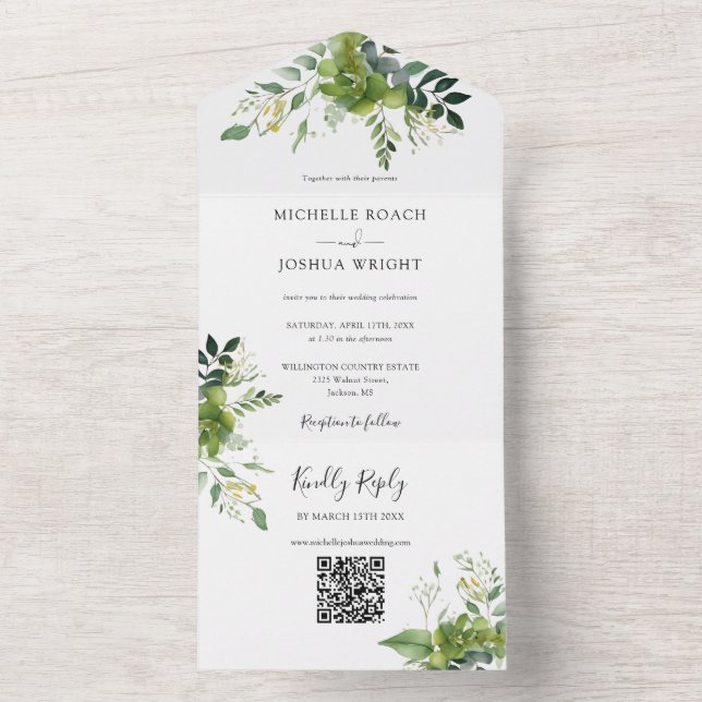 Grönt blomster QR-kod Elegant monogram bröllop (Insida)