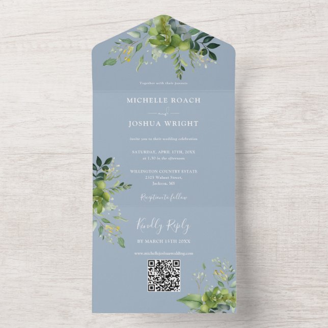 Grönt blomster QR-kod Modern dammig blå bröllopsfe (Inside)