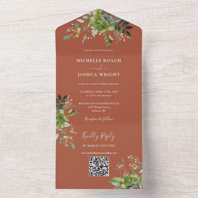 Grönt blomster QR-kod Modern Terrakotta Bröllop (Insida)
