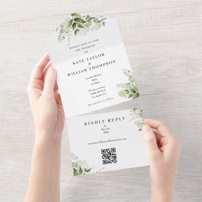 Grönt blomster QR-kod monogram bröllop (Avrivbar del)