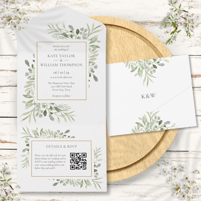 Grönt blomster QR-kod monogram bröllop (Greenery Floral QR Code Monogram Wedding All In One Invitation)