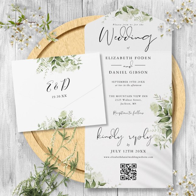 Grönt blomster QR-kod monogram bröllop (Greenery Floral QR Code Monogram Wedding All In One Invitation)