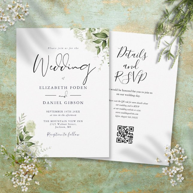 Grönt blomster QR-kod skript Bröllop Inbjudningar (Greenery Floral QR Code Script Wedding Invitation)