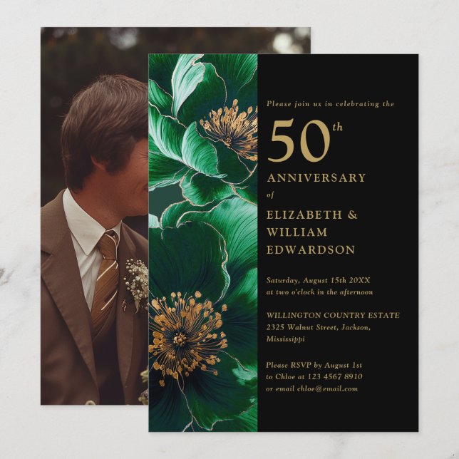 Grönt blomster svart och guld 50-årsjubileumsfoto inbjudningar (Fram/baksida)