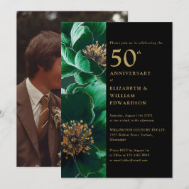 Grönt blomster svart och guld 50-årsjubileumsfoto inbjudningar