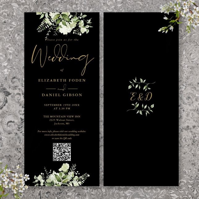 Grönt blomster svart och guld QR-kod Bröllop Inbjudningar (Greenery Floral Black And Gold QR Code Wedding Invitation)