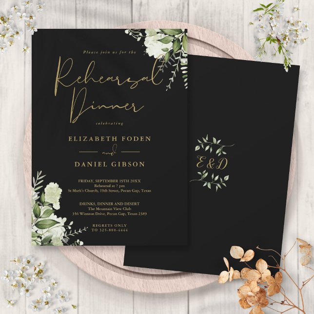 Grönt blomster svart och guld repetition middag inbjudningar (Greenery Floral Black And Gold Rehearsal Dinner Invitation)