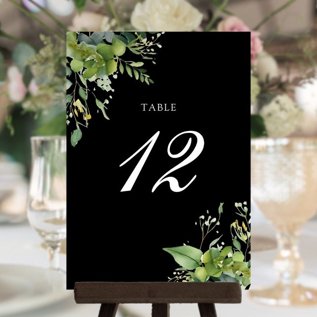 Grönt blomster svart och vitt bordskort tack kort (Greenery Floral Black And White Table Number)