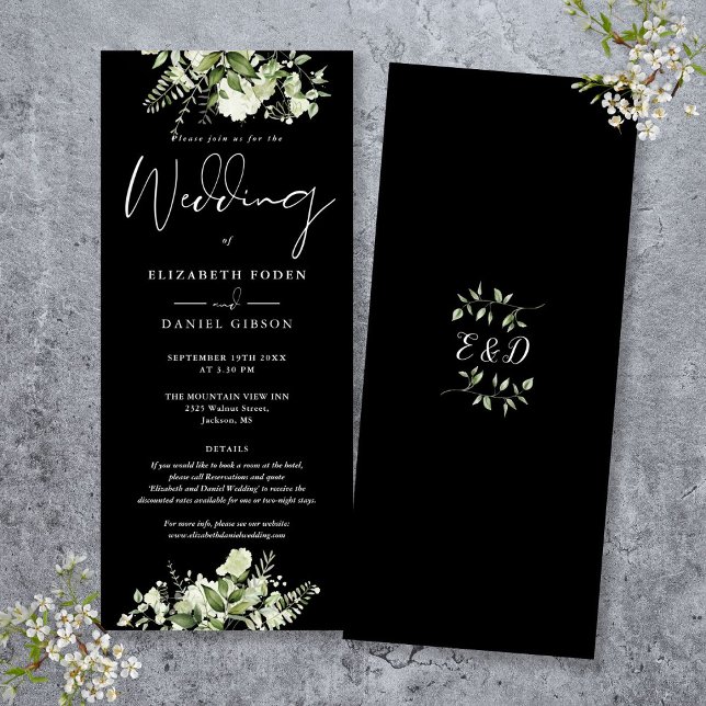 Grönt blomster svart och vitt detaljerat bröllop inbjudningar (Greenery Floral Black And White Details Wedding Invitation)