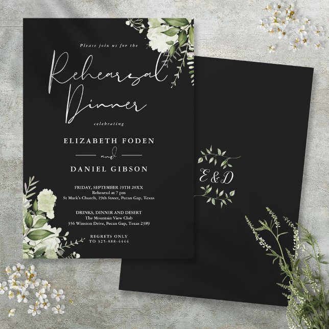 Grönt blomster svart och vitt repetition middag inbjudningar (Greenery Floral Black And White Rehearsal Dinner Invitation)