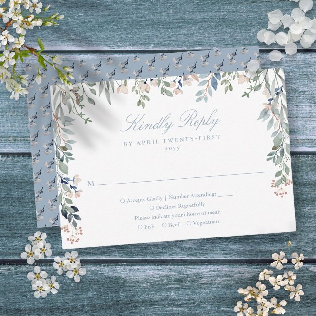 Grönt blomster vilda blommor dammig blå bröllop OSA kort (Greenery Floral Wildflowers Dusty Blue Wedding RSVP Card)