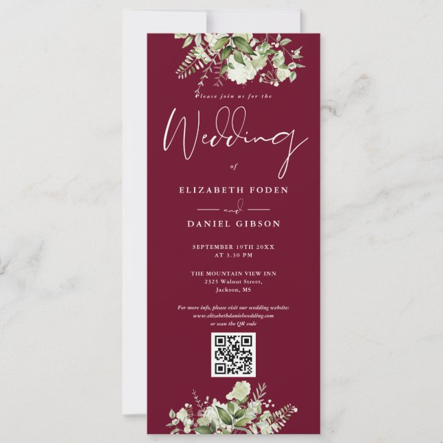 Grönt blomsterarrangemang Burgundy QR-kod Bröllop Inbjudningar (Framsida)