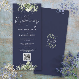 Grönt blomsterarrangemang Navyblå QR-kod Bröllop Inbjudningar