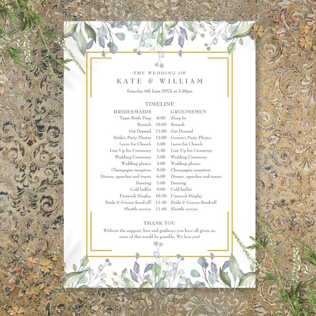 Grönt blomsterbröllop schema tidslinje program (Greenery Floral Wedding Schedule Timeline Program)